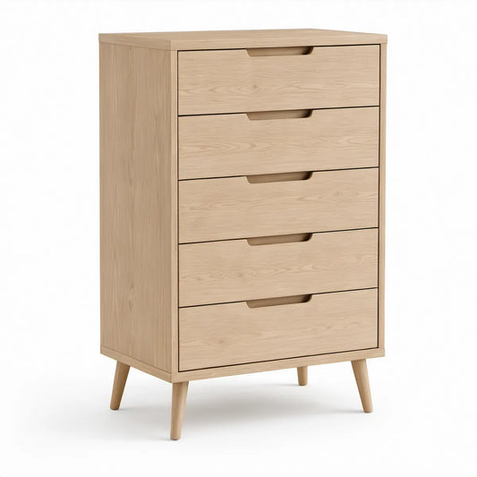 Vysoká komoda s 5 zásuvkami z MDF s dubovou dýhou, přírodní světlý dub, 80 × 40 × 120 cm